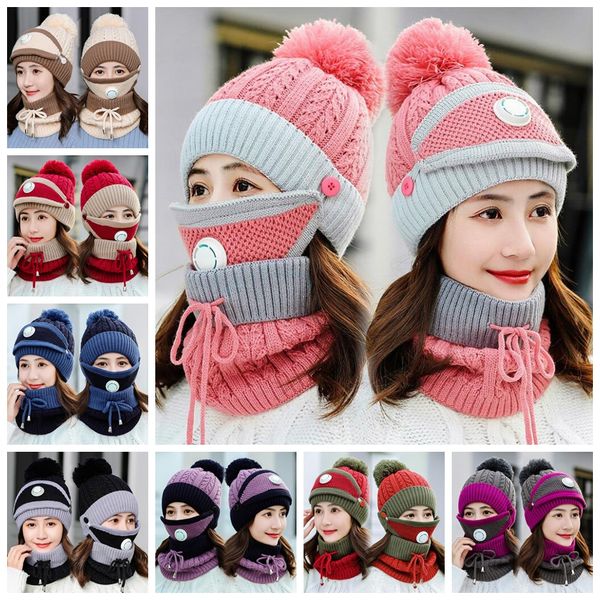 

knitted hats masks scarf set 3pcs/set beanies with valve mask scarf winter wool pompon casual hat sets party supplies party hats cca12628