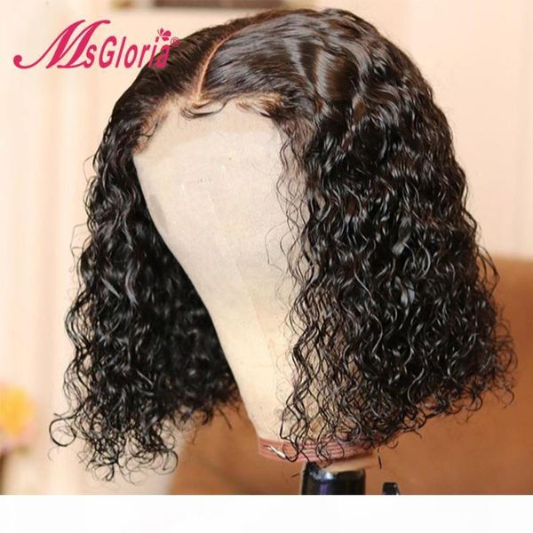 

msgloria 5x5 closure wig 150% density water wave wig pre plucked peruvian human hair bob wigs 5x5 lace closure, Black;brown