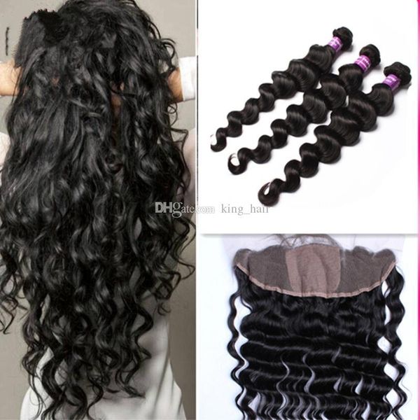

9a loose wave human hair bundles with lace frontal closure part silk base ear to ear lace frontals with bundles 4pcs lot, Black
