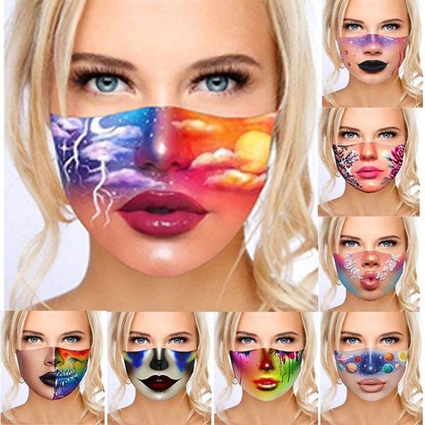 

us stock fashion design women face mask with 3d colored printings washable and reuseable mouth masks anti-wind sun block dustproof facemask
