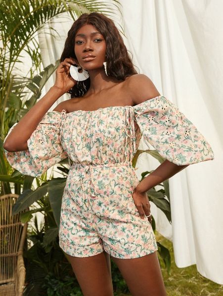 

newness off shoulder floral print knotted romper k588#, White