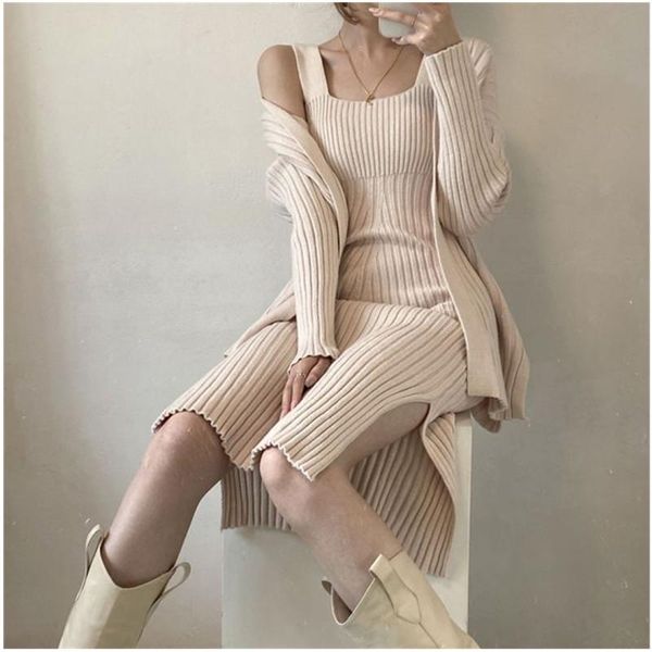 

luxury suspender vest dress + women cardigan 2pcs suits 2021 winter office ladies elegant knitting clothing sets, Gray