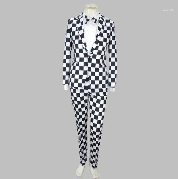 

jacket + pants new black white plaid suit luxury personality suits male party blazers men wedding suit men fashion slim coat1, White;black