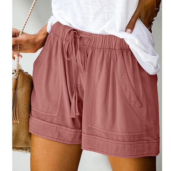 

solid color women shorts new elastic lace-up waist loose casual bottoms female summer plus size casual short pants with pockets1, White;black