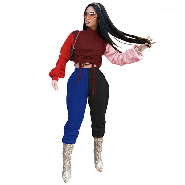 

color womens tracksuits fashion crew neck two piece set drawstring designer two piece pants loose contrast, Gray