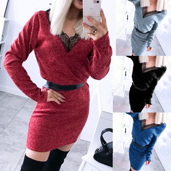 

women autumn long sleeve lace slim dress deep v neck bodycon party dress ladies elegant patchwork knitted dresses, Black;gray