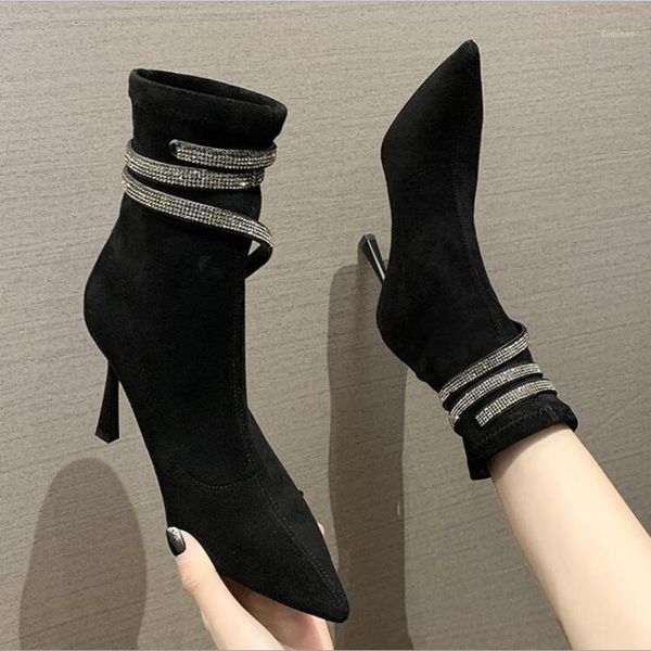 

ankle boots women boots women shoes woman fashion high-heeled pointed flock 2020 autumn new rhinestone short d1, Black