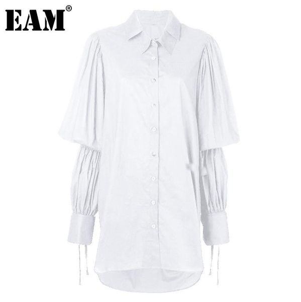 

eam] women black cuff bandage pleated blouse new lapel puff sleeve loose fit shirt fashion tide spring autumn 2020 1dd2145, White