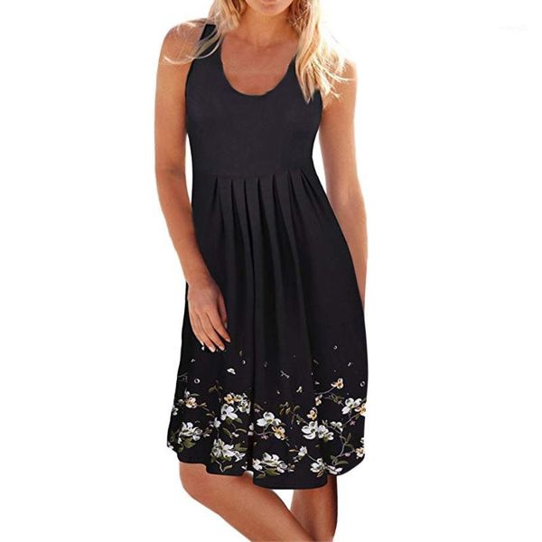 

summer dress women sleeveless o neck floral print mini dress streetwear casual bohemian robe femme1, Black;gray