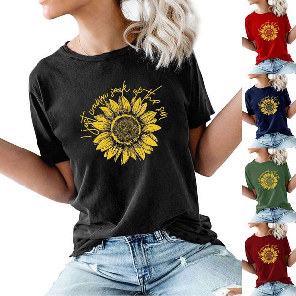 

risjc women's sunflower letter printed round neck short sleeve t-shirt, Black;brown