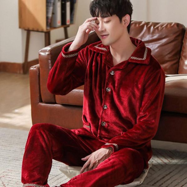 

men's stripe pajamas set thick winter sleepwear long shirt pants warm flannel homewear big size pjs embroidery pajamas, Black;brown