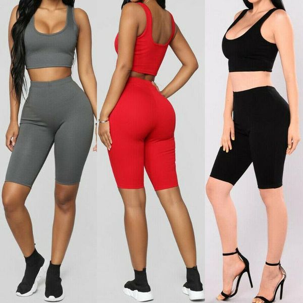 

yoga outfits women gym fitness sportwear summer clothes two piece set crop and biker shorts matching sets1, White;red