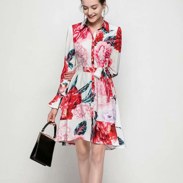 

2021 spring new style boho retro printing flower long sleeve unique belt breasted shirt dress women's clothes ekk9, Black;gray
