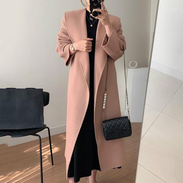 

ewq]2020 winter over knee style turn-down collar long-sleeved solid color straight minimalist woolen overcoat with belt 8d11211, Black