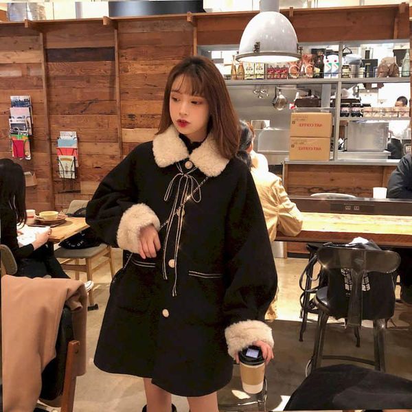 

lamb wool coat female woolen jacket college style stitching mid-length woolen collar thicken coat winter 2021 new style, Black