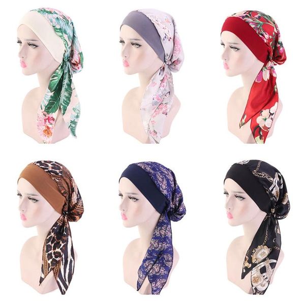 

beanie/skull caps 2021 women muslim fashion hijab cancer chemo flower print hat turban head cover hair loss scarf wrap pre-tied bandana, Blue;gray