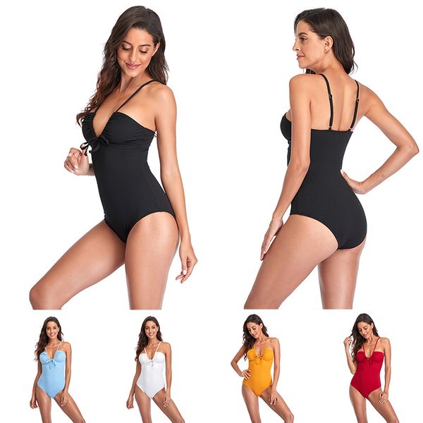

new pure color high waist swim wear one-piece bikini european and american tight-fitting backless halter neck v-neck women swimsuit