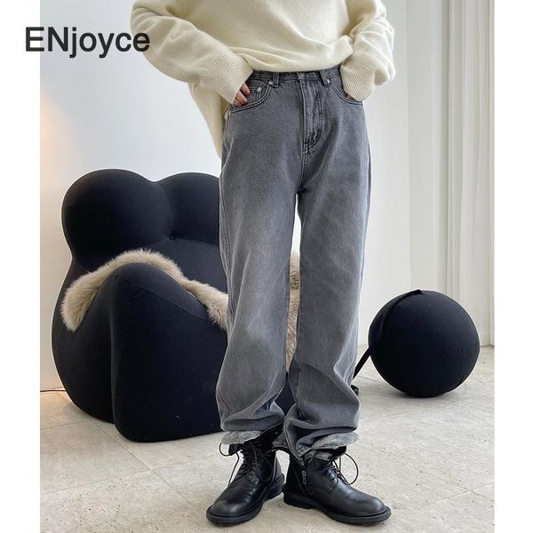 

winter cotton gray high waist wide leg jeans women casual loose straight denim trousers female thick fleece warm new pants 2020, Blue