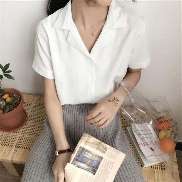 

white blouse women casual solid color loose fashion simple short sleeve lapel shirt drop shipping