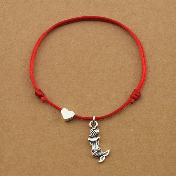 

red cord black rope little mermaid pendant heart charm bracelets for women girls elegant wedding party unique jewelry gifts, Golden;silver
