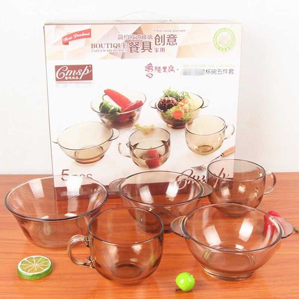 

new bowls and cup set tawney color japanese style glass food salad oats fruit dessert snack dish water milk glass bowl