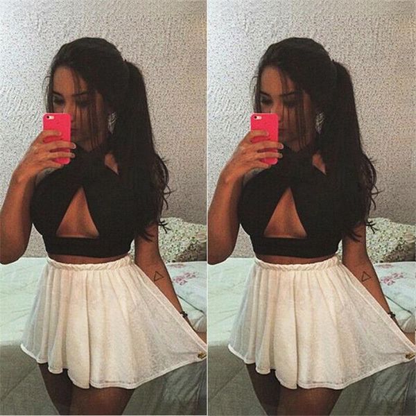 

2020 women hollow out black crop sleeveless halter bustier summer casual vest casual tank woman club clothes s-xl, White