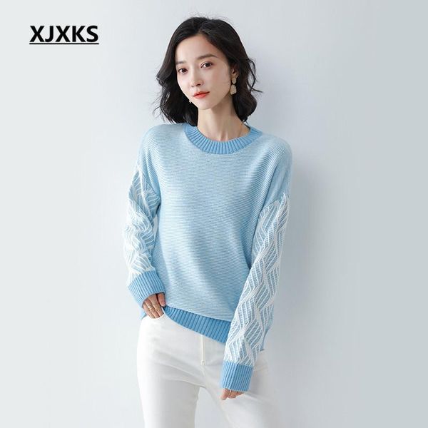

xjxks 2021 autumn winter new round neck long-sleeved women wool knitted sweater pullover comfortable women casual sweater, White;black