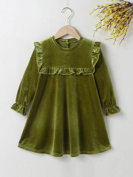 

toddler girls frill trim button back flounce sleeve velvet dress she, Red;yellow