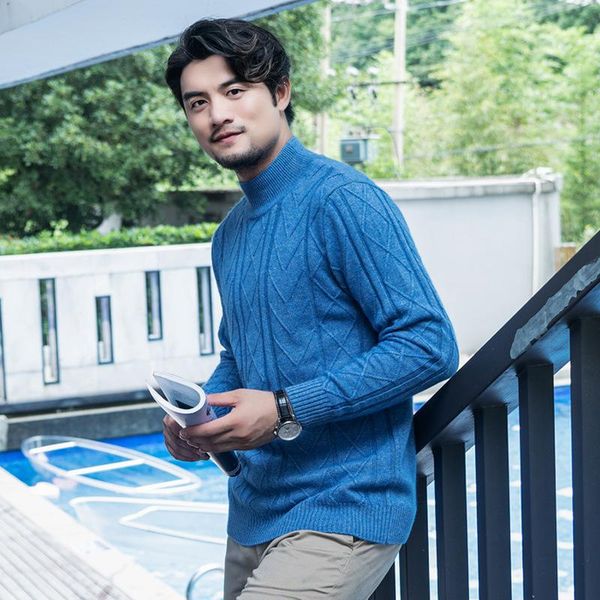 

spring winter men's cashmere sweater half high round neck pullover thickened jacquard knitted pullover korean fashion clothing, White;black