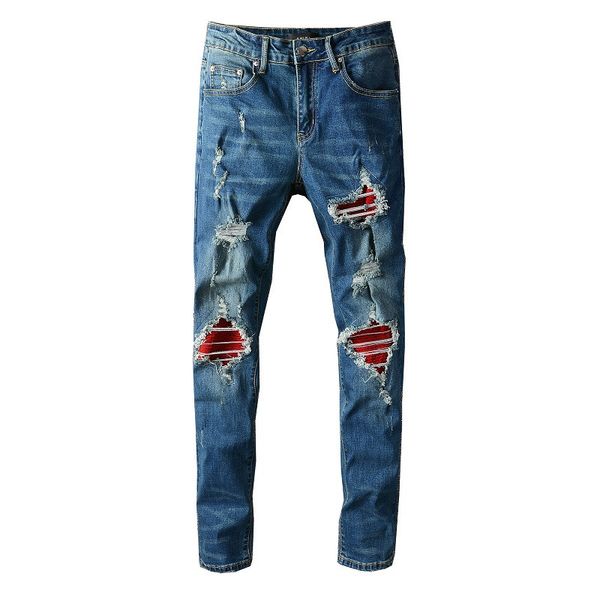 

mens jeans #670 distressed motorcycle biker jeans slim ripped hole stripe famous denim men pants jeans, Blue