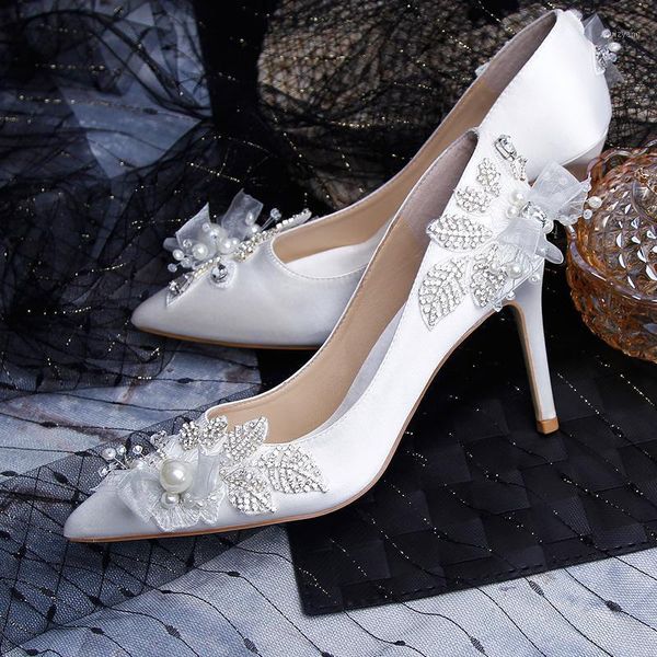 

light luxury bride high heel autumn shallow mouth lace rhinestone stiletto white silk female pointed single shoes wedding shoes1, Black