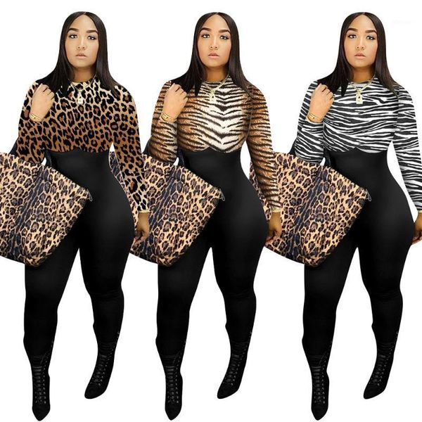 

plus size l-4xl women leopard printing casual jumpsuits autumn winter fashion long sleeve o-neck female's skinny rompers1, Black;white