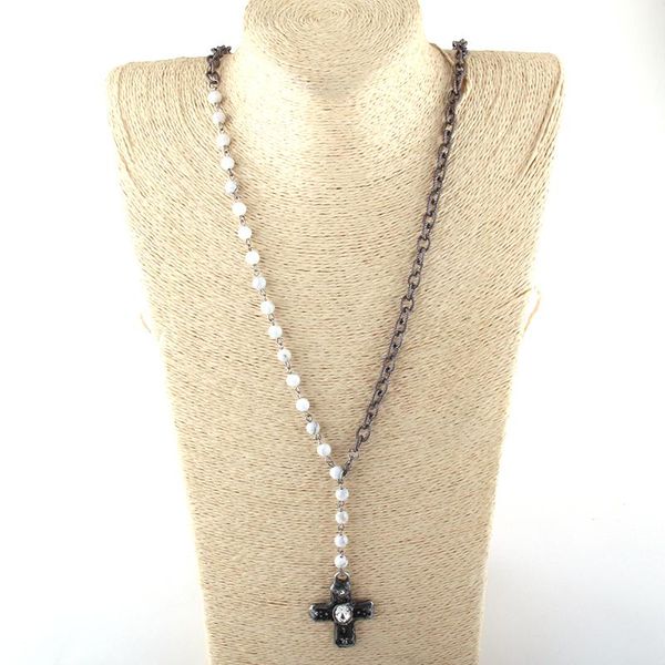 

moodpc bohemian jewelry 6mm stone rosary chain and black gun chain metal cross pendant necklaces women ethnic necklace, Silver