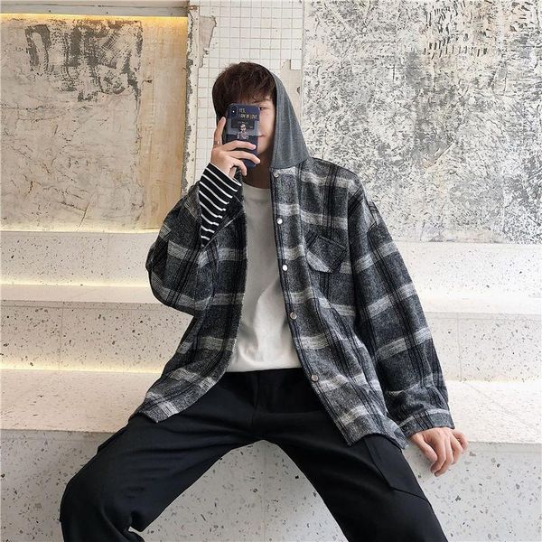 

осенняя клетчатая рубашка мужская мода ретро повседневная шерстяная куртка с капюшоном с капюшоном для мужчин свободная одежда свободные кор, White;black