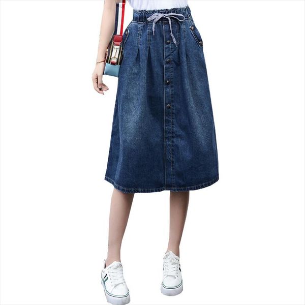 

2021 high waist cotton denim women long skirt lace up waist oversize women denim skirt plus size 7xl skirts faldas saias, Black