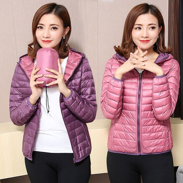 

2020 winter double face ultra light jackets duck hood down portable with reversible female puffer jacket, Black