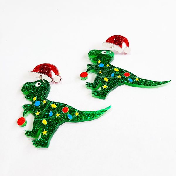 

christmas dinosaur dangle earring for women new green glitter acrylic jewelry fashion accessories, Silver
