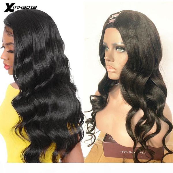 

glueless волны парик тела u часть 100% необработанные волнистые бразильский волос remy средняя часть 2 * 4 «» волна u парик полный конец xin, Black;brown