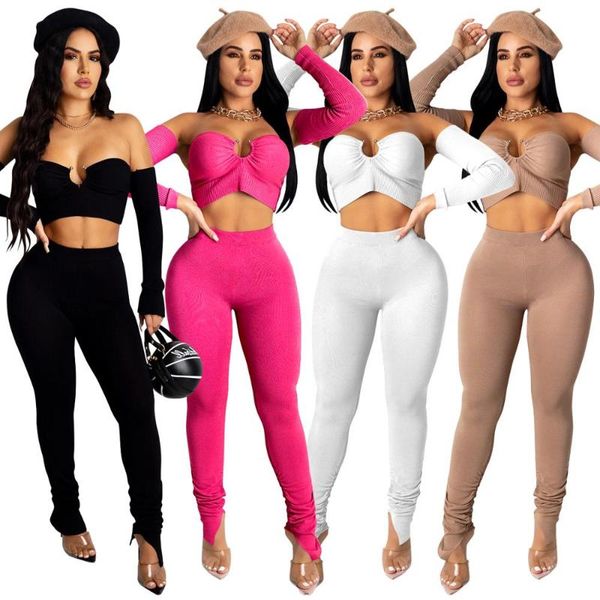 

women's tracksuits estenala solid two piece set slash neck crop and stacked pants long sleeve tracksuit club women outfits, Gray