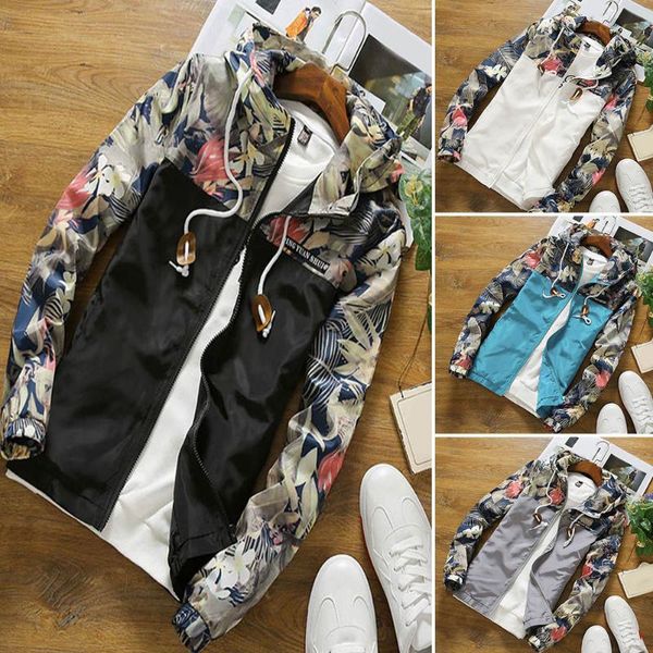 

men's jackets fashion casual large size jacket trendy print camouflage with hat spring and autumn long sleeve warm outwear, Black;brown