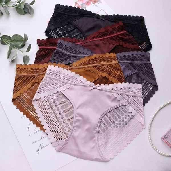 

469 color satin high end lace underwear women french romantic mid waist bag hip briefs, Black;pink