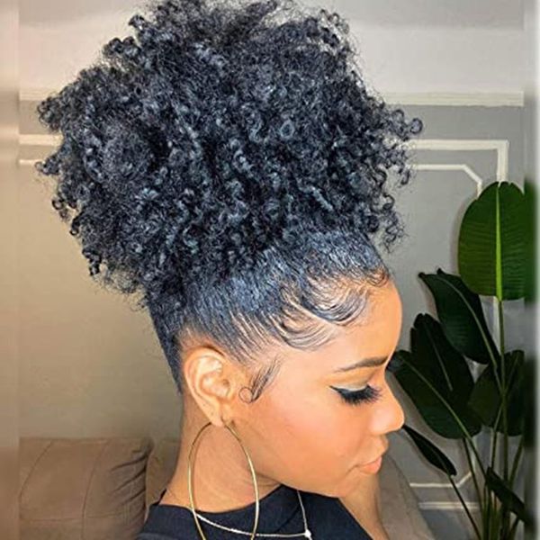 Afro sopro soprar cordão de rabo de cavalo curto kinky encaracolado macio afro pão envoltório com 2 clipes cor preta puff de cabelo humano penteado para b