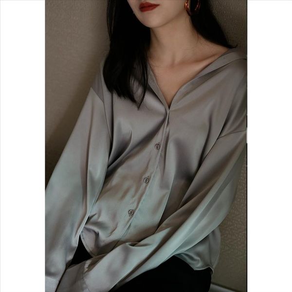 

women blouses fashion satin blouse elegant v neck office lady casual long sleeve button shirt chemise femme, White