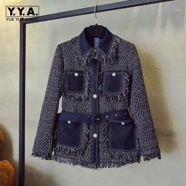 

qualities womens turn down collar autumn denim patchwork tweed jackets pockets tassel single breasted sashes office ladies wear1, Black;brown