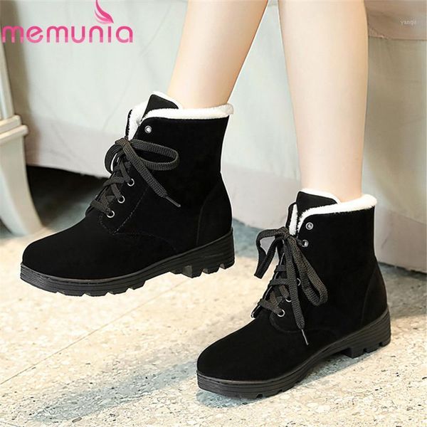 

boots memunia 2021 arrival ankle for women flock round toe lace up winter snow comfortable casual shoes female1, Black