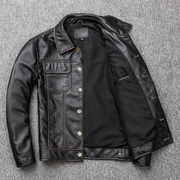 

gift young classic casual genuine leather coat.vintage men's cowhide jacket.us plus size leather outwear.sales1, Black