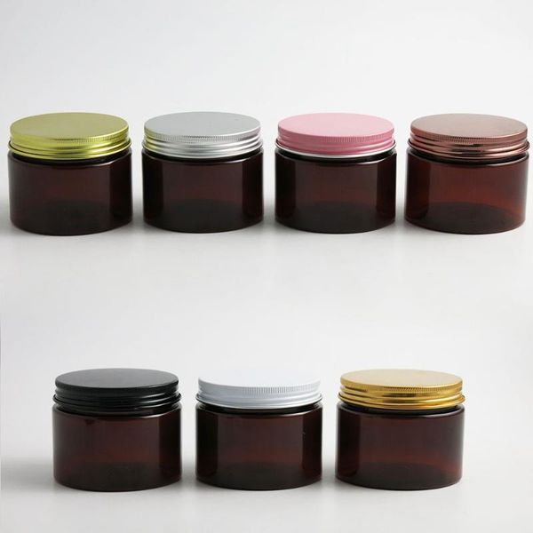 

24 x 150g empty amber cosmetic cream containers cream jars 150cc 150ml for cosmetics packaging plastic bottles with metal lids1