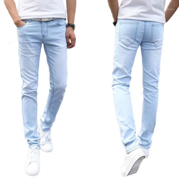 

2020 band new fashion jean thin light men's casual summer style jeans skinny jeans trousers tight pants solid colors1, Blue