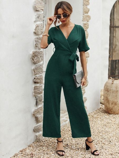 

solid belted wrap jumpsuit d5gc#, White