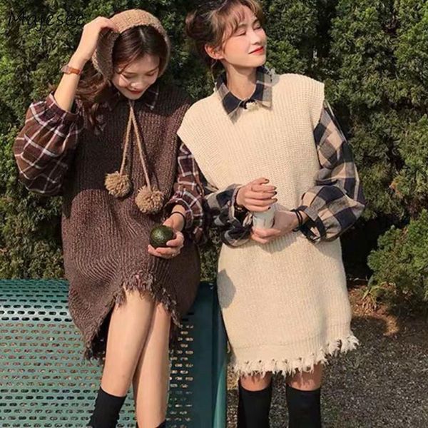 

sweaters vest womens tassel long oversize sweet o-neck students fashion casual korean style loose leisure autumn winter cloth, Black;white